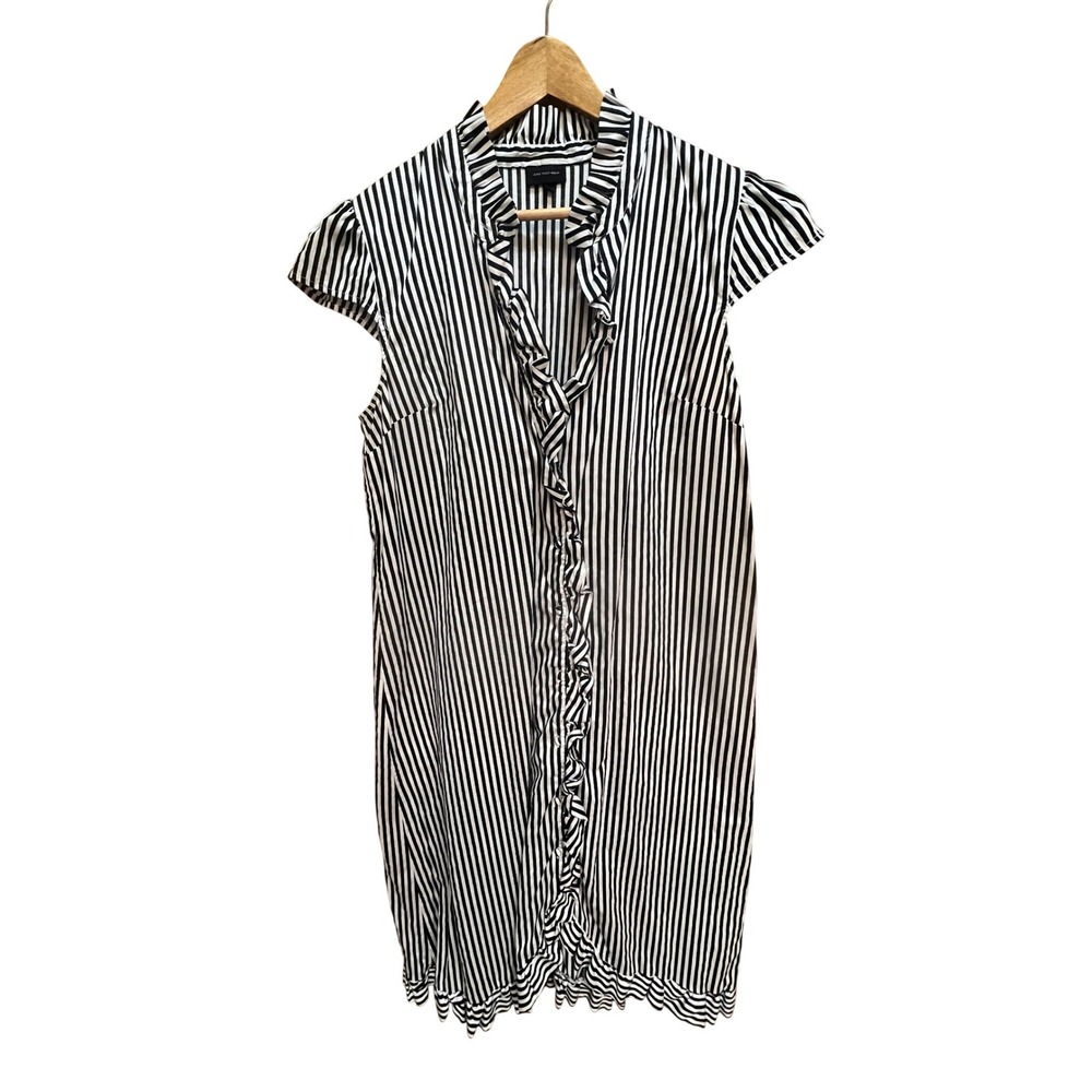 Who What Wear Womens‎ Black White Striped Ruffle Button Front Cotton Dress Large